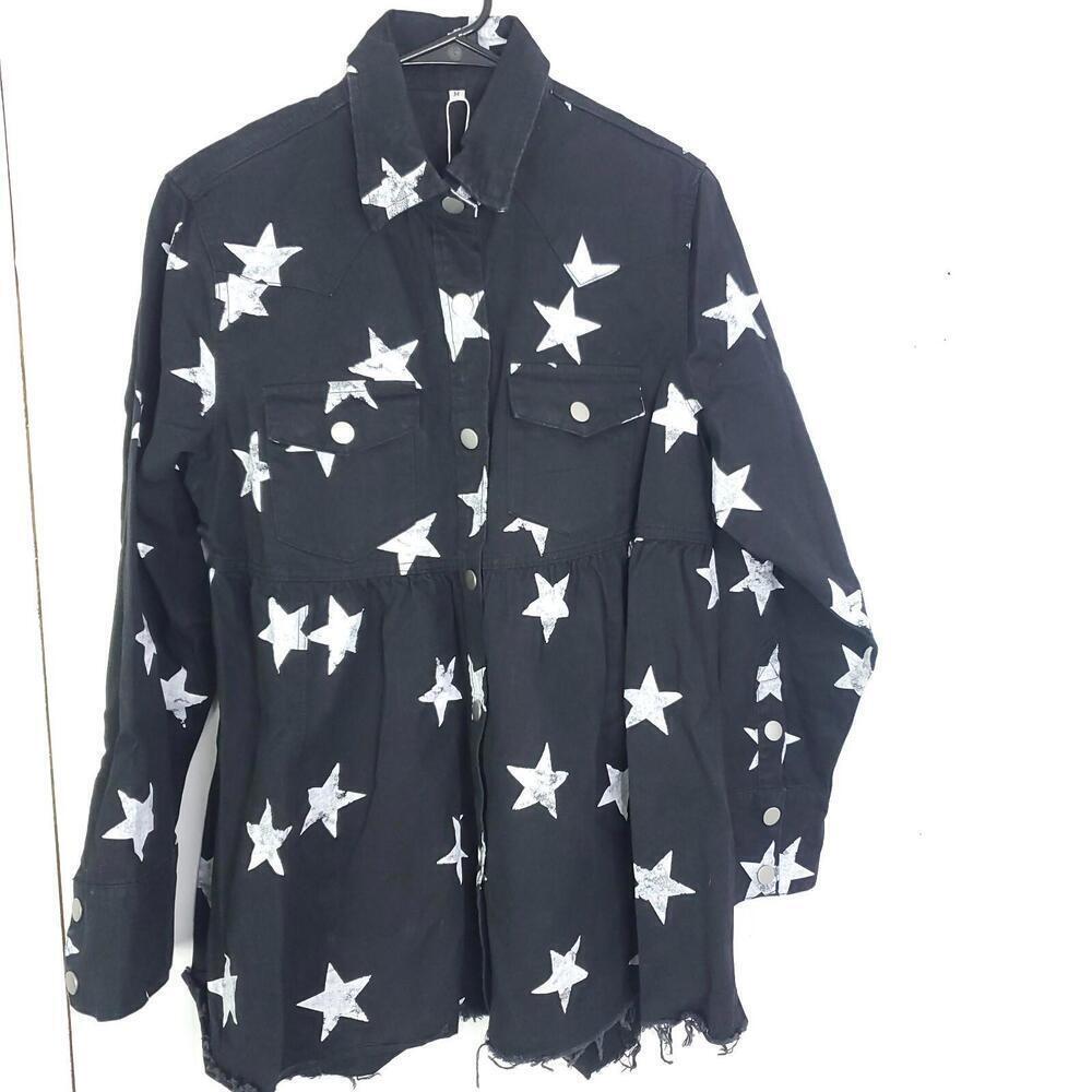 Womens Top M Shacket Button Down Peplum Star Print Raw Hem Western New Dallas - Picture 1 of 11